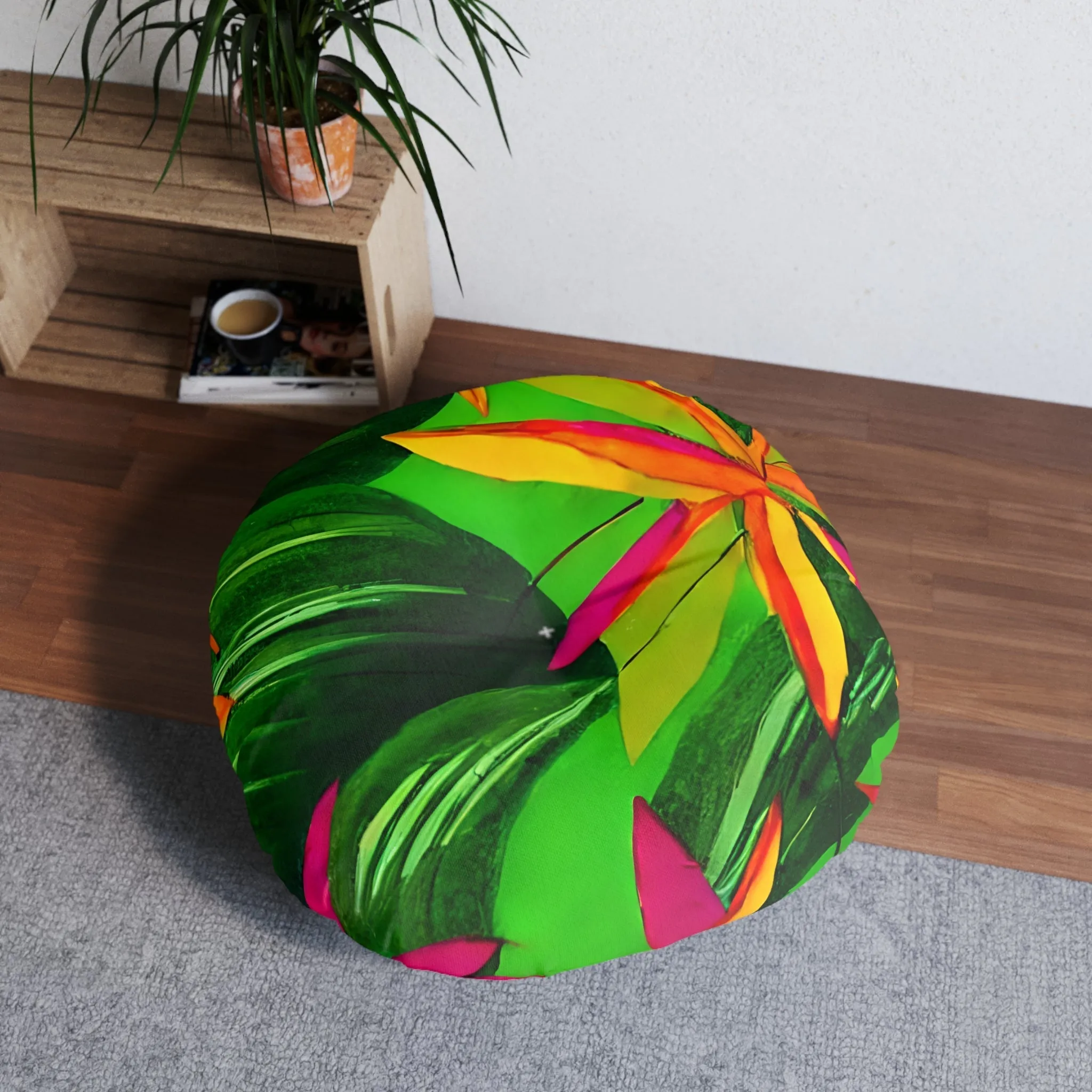 Tufted Round Floor Cushion with Tropical Botanical Design