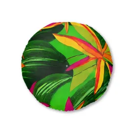 Tufted Round Floor Cushion with Tropical Botanical Design