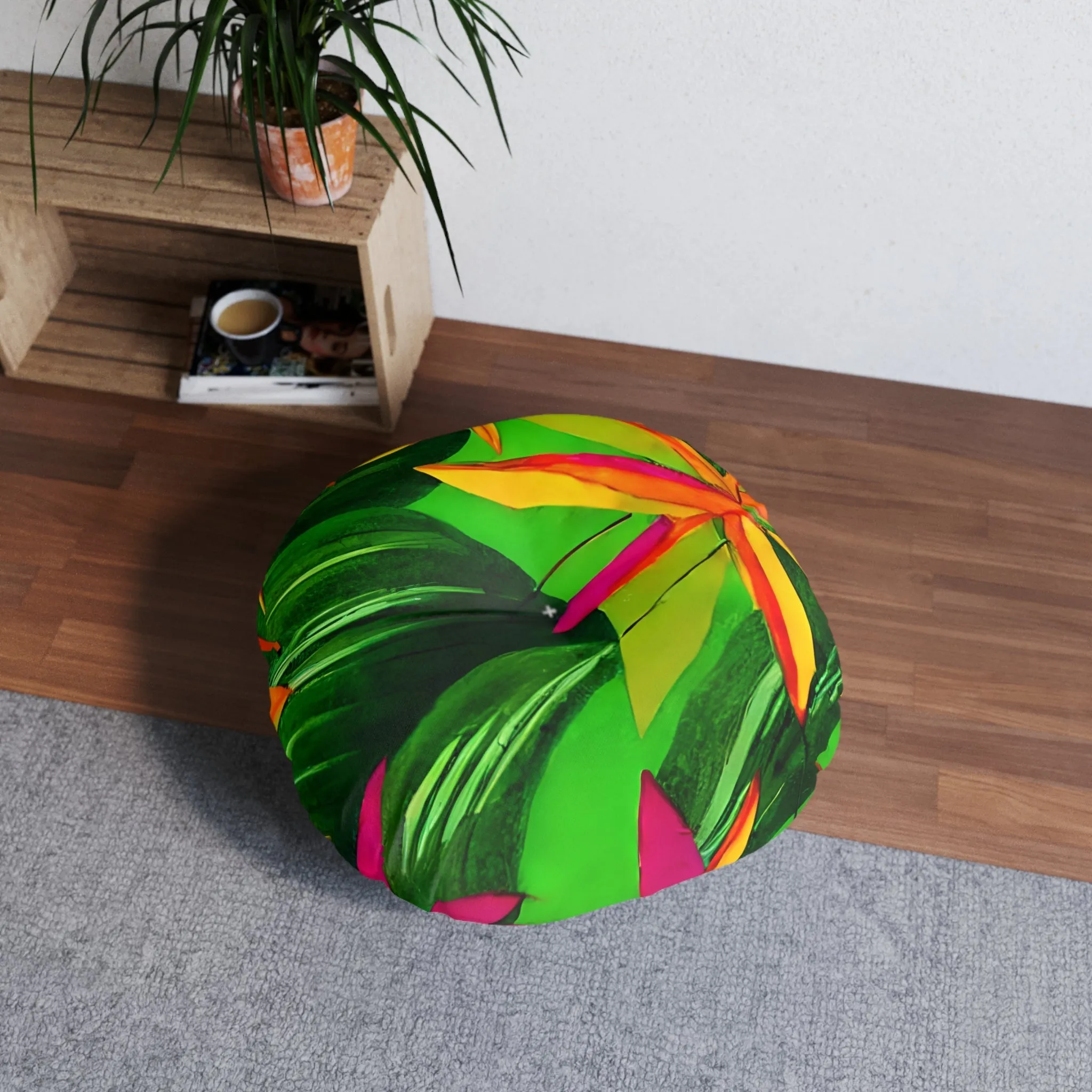 Tufted Round Floor Cushion with Tropical Botanical Design