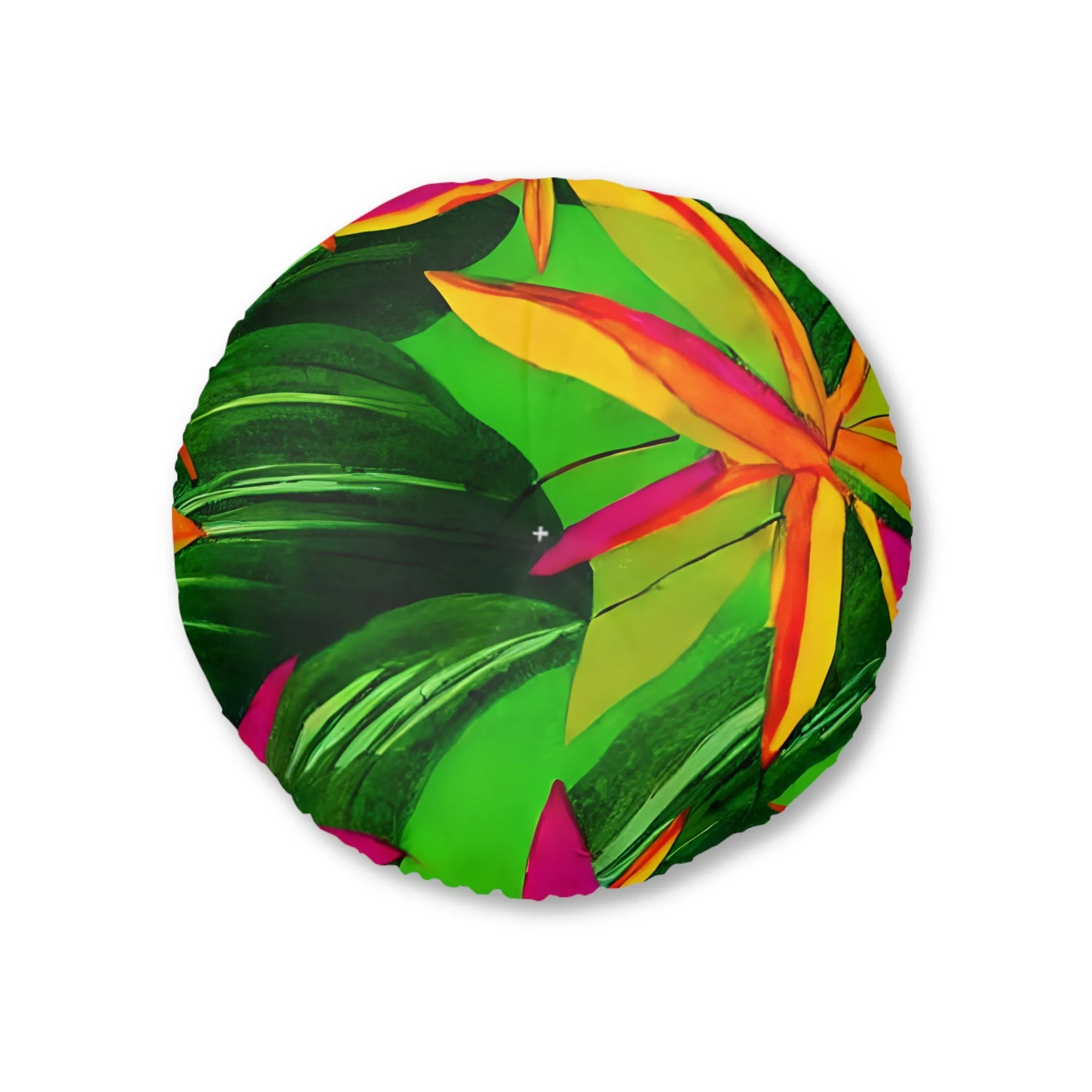 Tufted Round Floor Cushion with Tropical Botanical Design