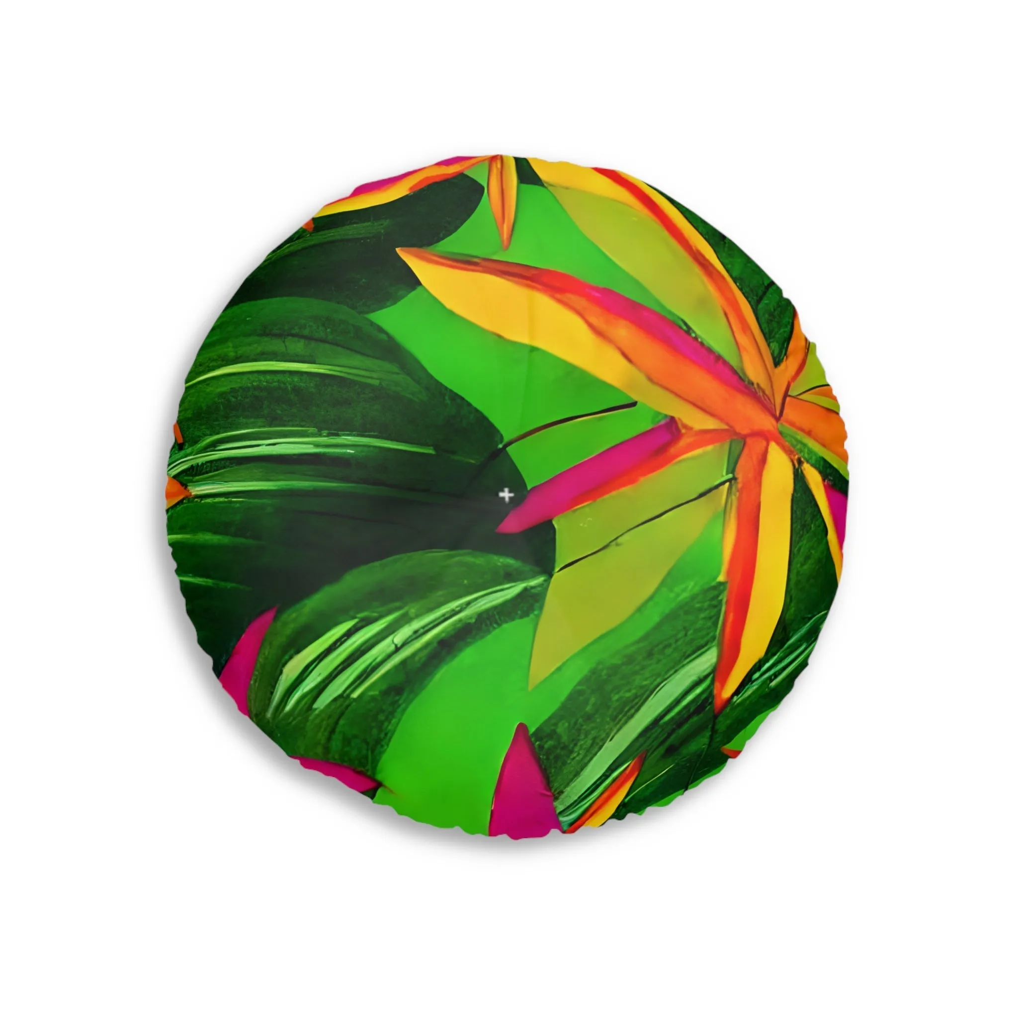 Tufted Round Floor Cushion with Tropical Botanical Design