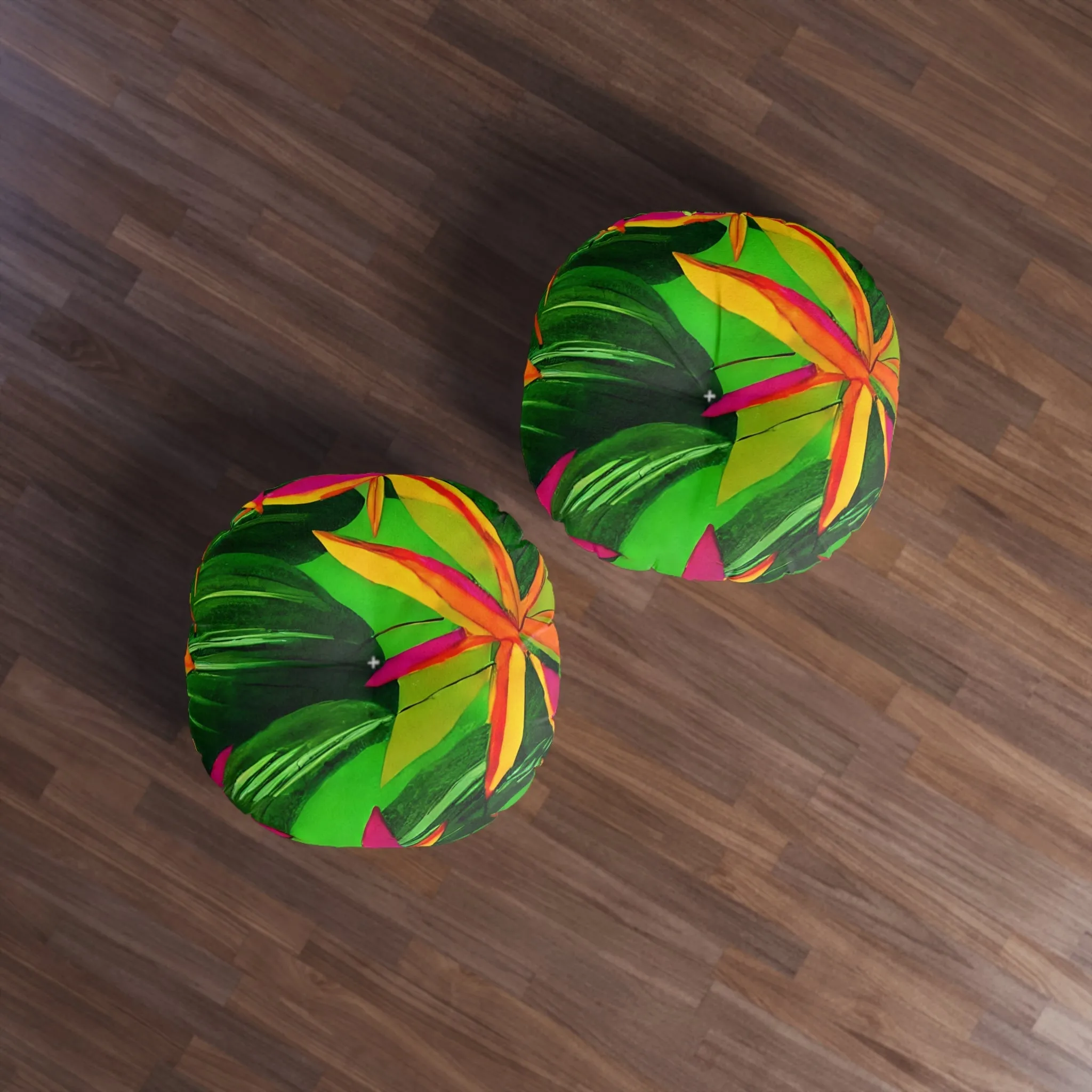 Tufted Round Floor Cushion with Tropical Botanical Design