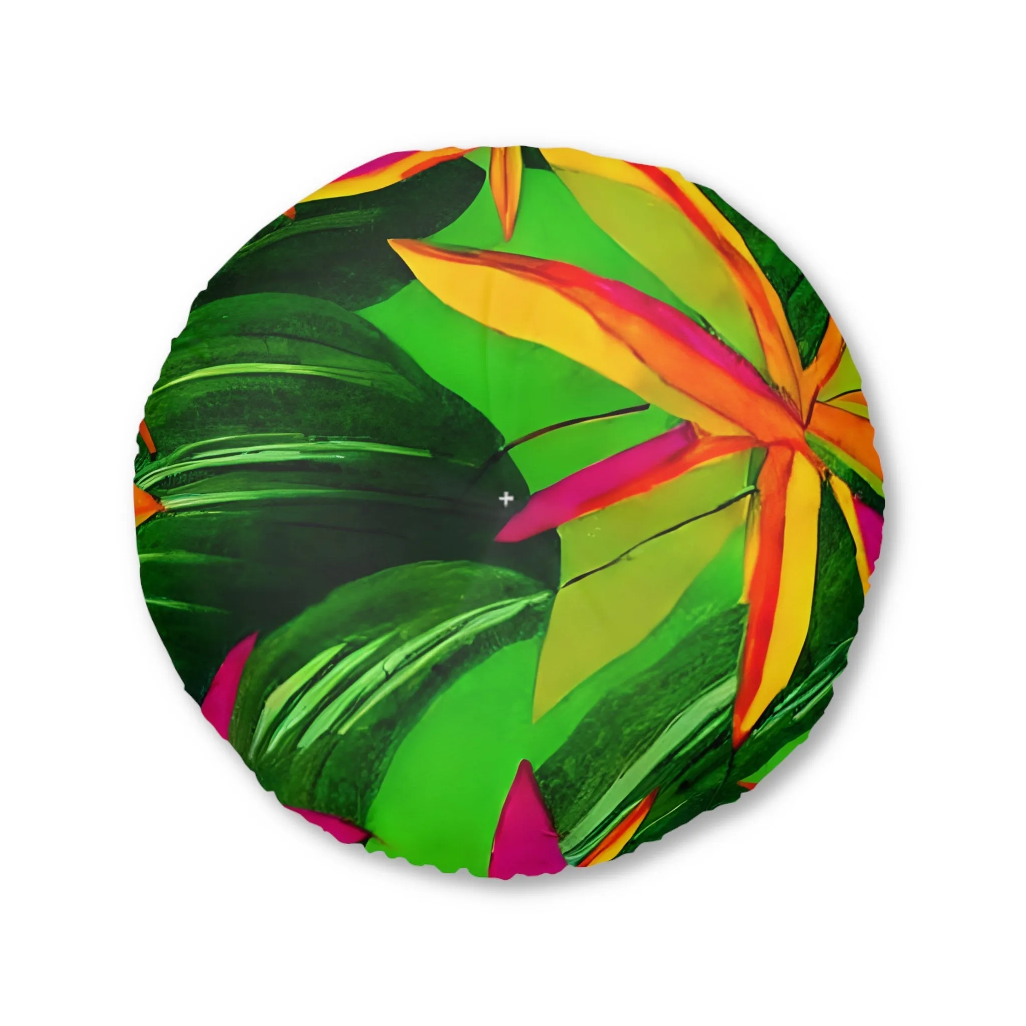 Tufted Round Floor Cushion with Tropical Botanical Design