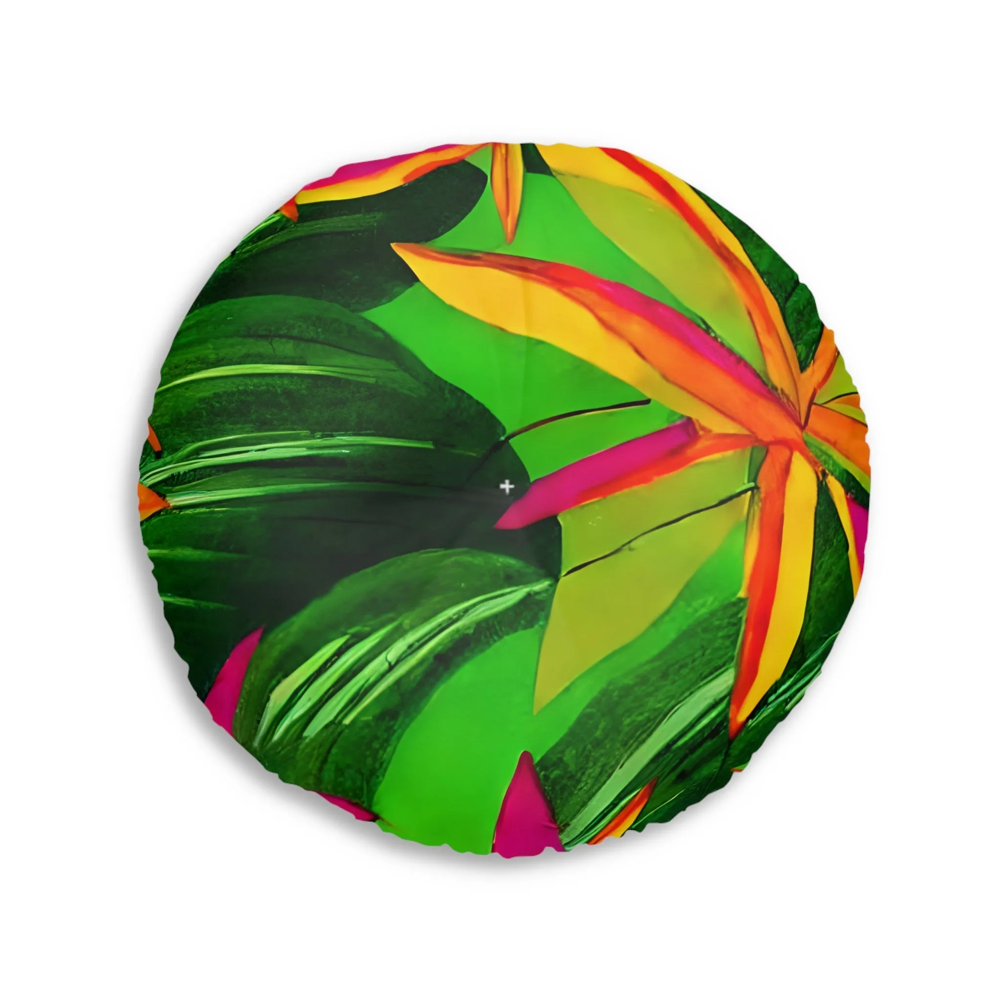 Tufted Round Floor Cushion with Tropical Botanical Design