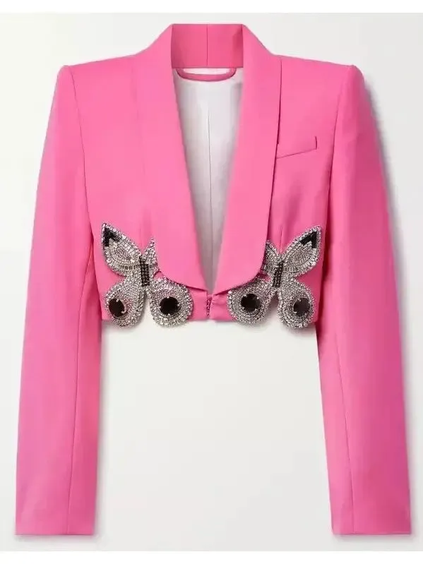 Women’s Butterfly-Embroidered Cropped Blazer and Mini Skirt Set in Pink