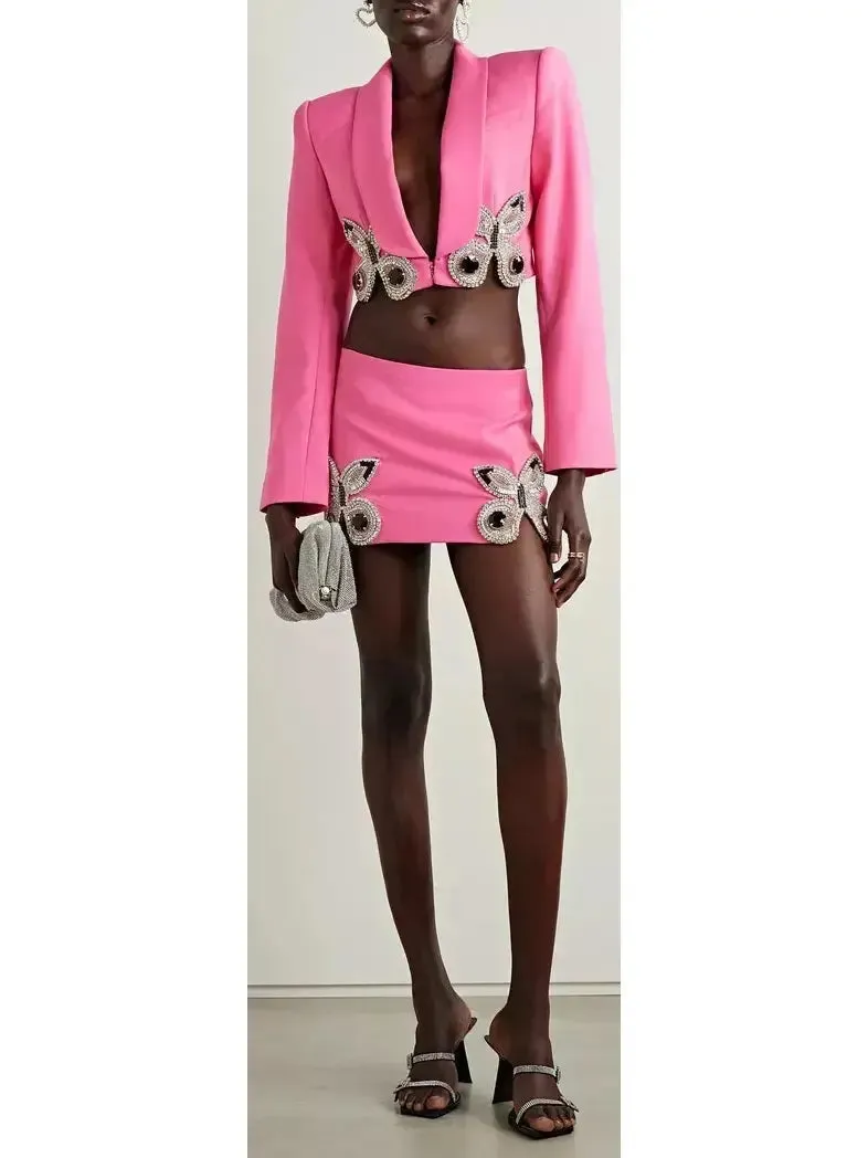 Women’s Butterfly-Embroidered Cropped Blazer and Mini Skirt Set in Pink