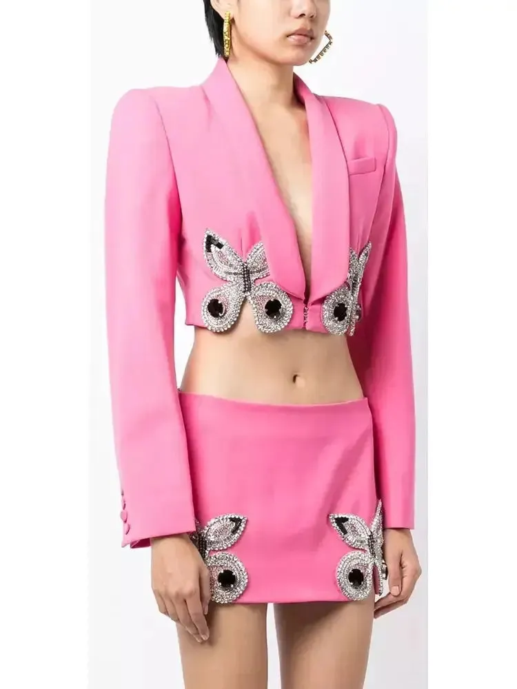 Women’s Butterfly-Embroidered Cropped Blazer and Mini Skirt Set in Pink