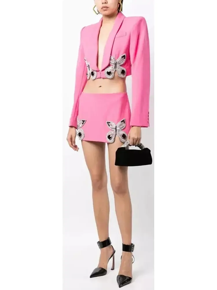 Women’s Butterfly-Embroidered Cropped Blazer and Mini Skirt Set in Pink