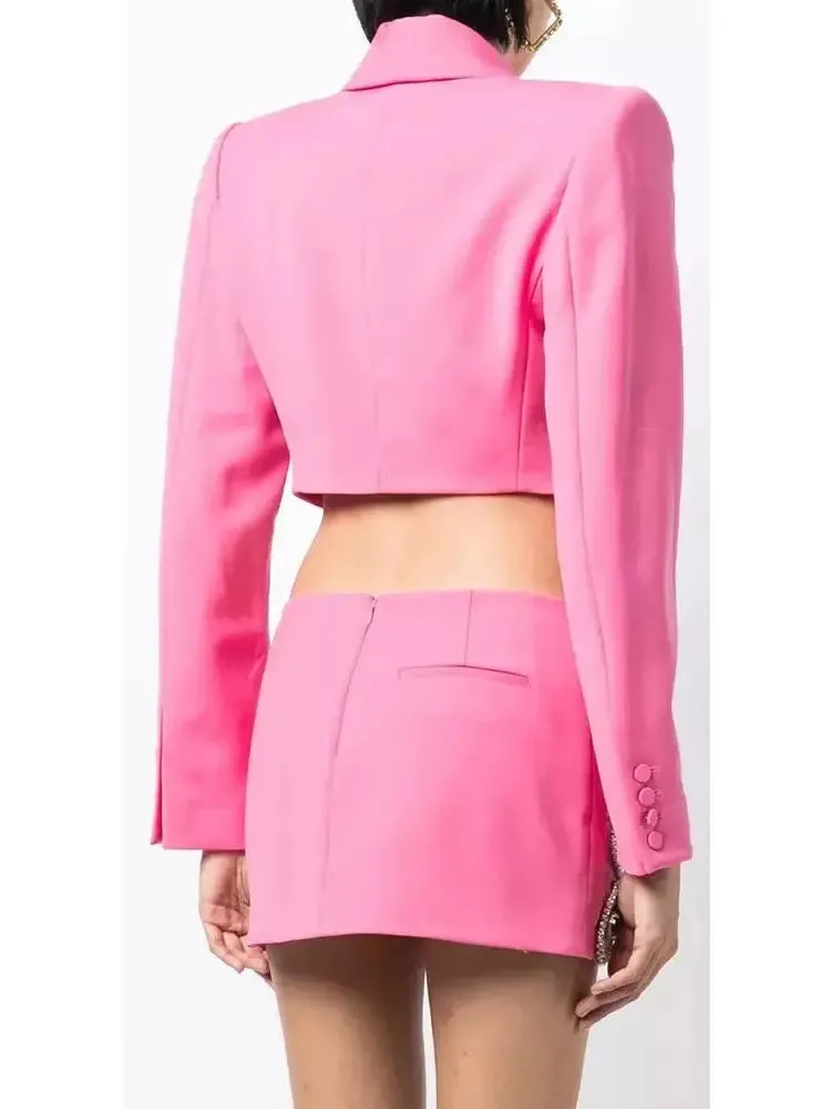 Women’s Butterfly-Embroidered Cropped Blazer and Mini Skirt Set in Pink