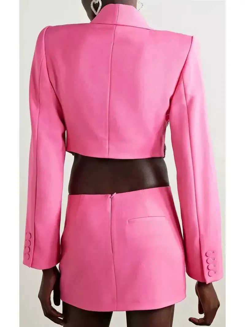 Women’s Butterfly-Embroidered Cropped Blazer and Mini Skirt Set in Pink