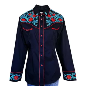 Women's Vintage Floral Embroidery Black Western Shirt